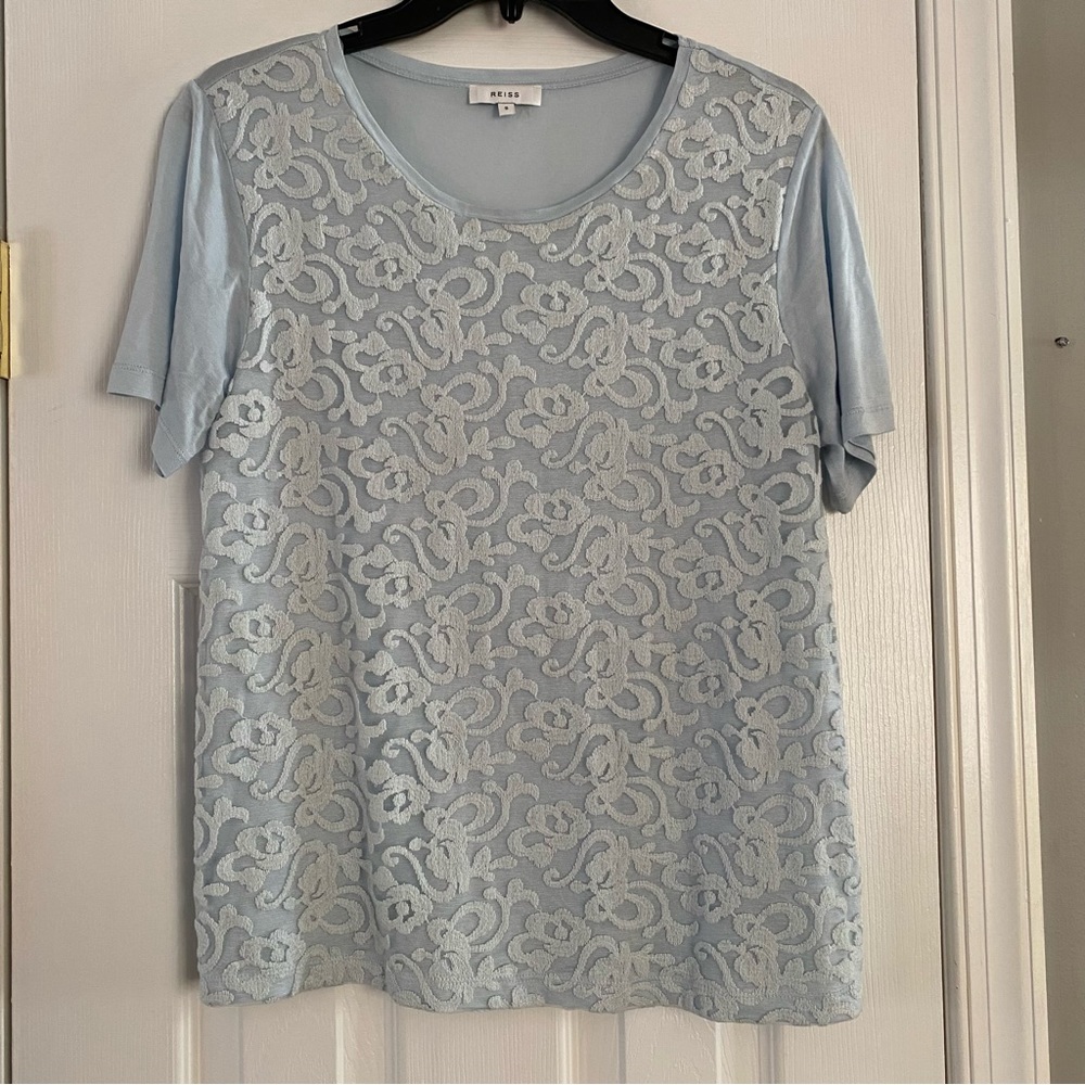 Reiss Lace Front Overlay Short Sleeve Embroidered Shirt Light Blue Small Womens